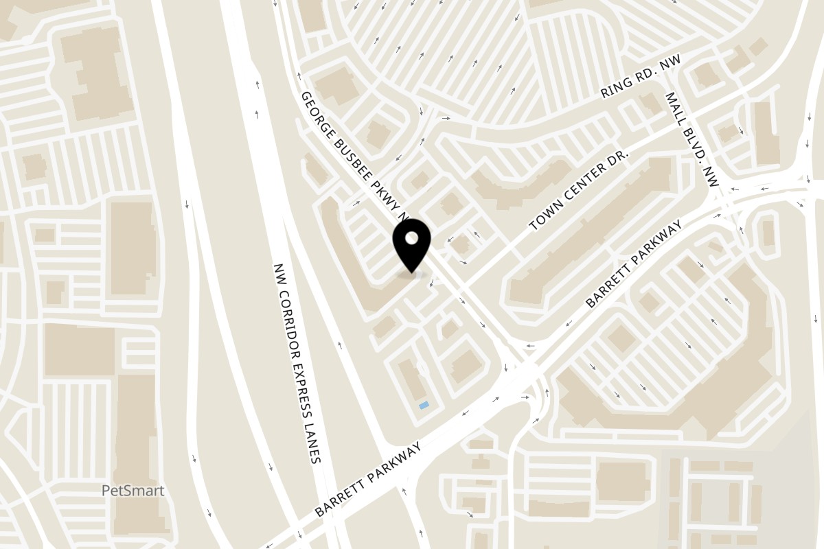 Map showing the location of Momoyama Ramen & Hawaiian BBQ Kennesaw on 2615 George Busbee Pkwy NW #1 in Kennesaw